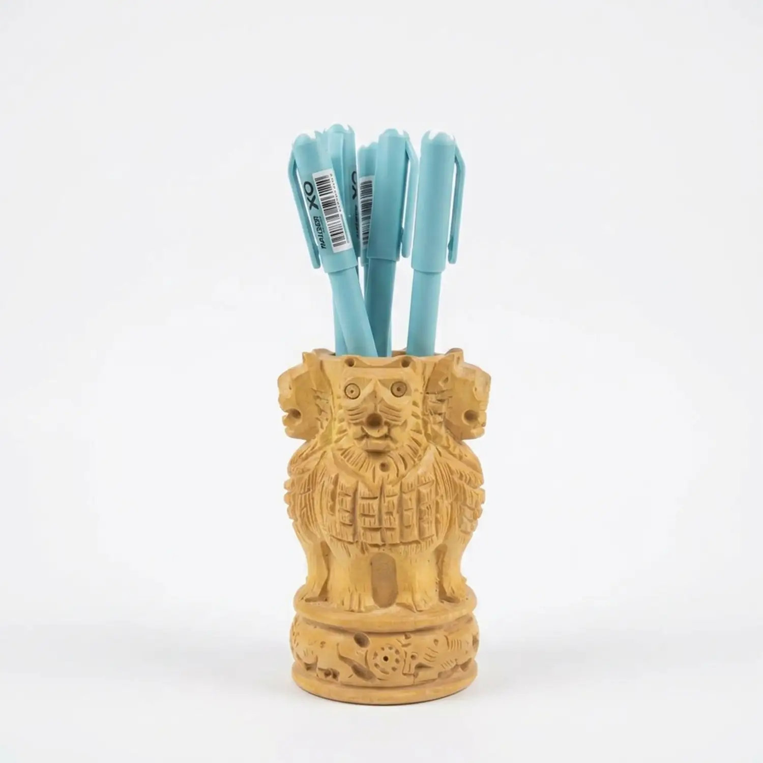 Premium Carved Wooden Lion Pen Stand & Desk Organizer – Decorative Tabletop Stationery Holder